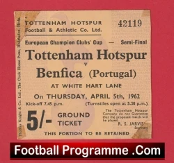 Tottenham Hotspur v Benfica 1962 - 1960s Semi Final Football Ticket - football memorabilia