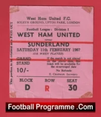 West Ham United v Sunderland 1967 – 1960s Old Football Ticket