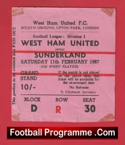 West Ham United v Sunderland 1967 - 1960s Old Football Ticket - football memorabilia