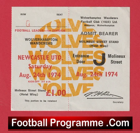 Wolves Wanderers v Newcastle United 1974 - Football Ticket - Image 2