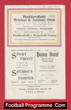  Huddersfield Rugby v Wakefield Trinity 1945 - 1940s Football Programme .COM Football Programmes Memorabilia