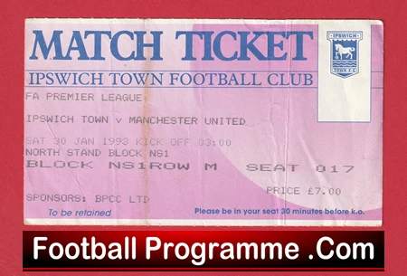 Ipswich Town v Manchester United 1993 - Ticket 1st Premier League Champions - Image 2