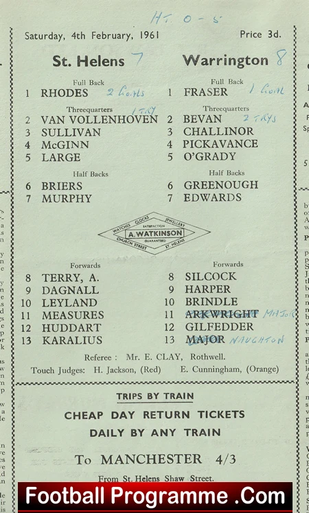 St Helens Rugby v Warrington 1961 - Rugby Programmes - Image 3