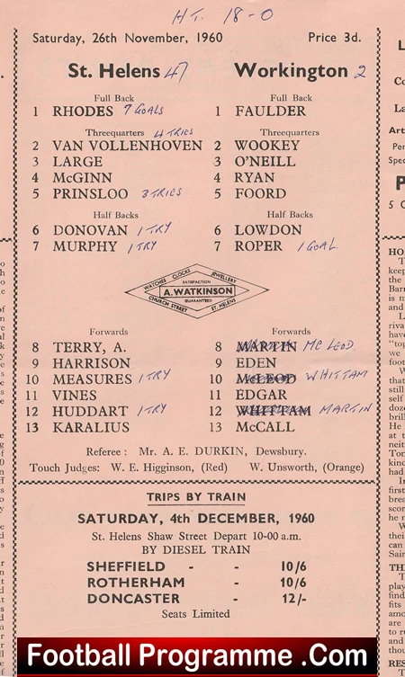 St Helens Rugby v Workington 1960 - Rugby Programmes - Image 3