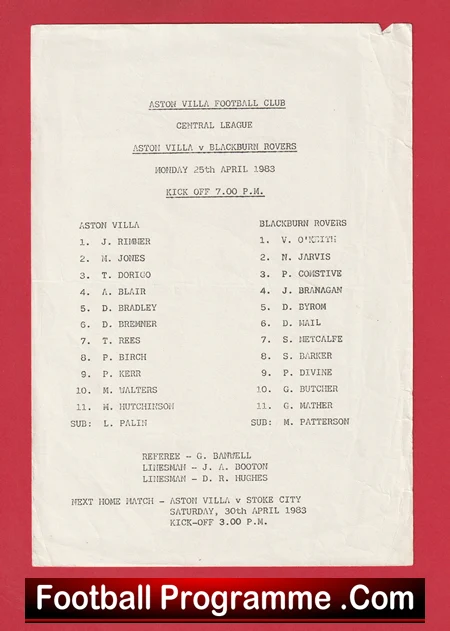 Aston Villa v Blackburn Rovers 1983 - Reserves Match - Image 2