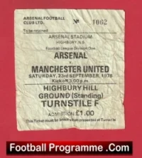 Arsenal v Manchester United 1978 – Match Ticket