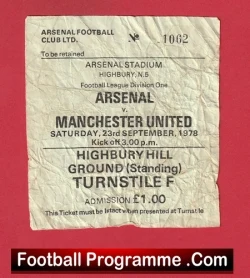 Arsenal v Manchester United 1978 - Match Ticket - football memorabilia
