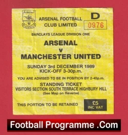 Arsenal v Manchester United 1989 - Football Ticket - football memorabilia