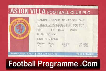 Aston Villa v Manchester United 1985 - Football Ticket - Image 2