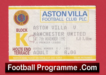 Aston Villa v Manchester United 1992 - Ticket 1st Premier League Champions - Image 2