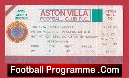 Aston Villa v Manchester United 1992 - Full Ticket 1st Premier League Champions - Image 2