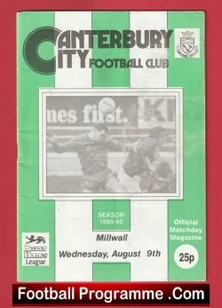 Canterbury City v Millwall 1989 - Pre Season Friendly Match - football programme