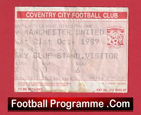 Coventry City v Manchester United 1989 - Football Ticket - Image 2