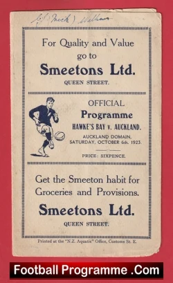 Hawkes Bay Rugby v Auckland 1923 - New Zealand 1920s - rugby programme