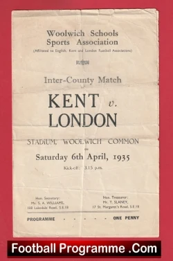 Kent v London 1935 - Woolwich Schools Sports Association 1930s - football programme