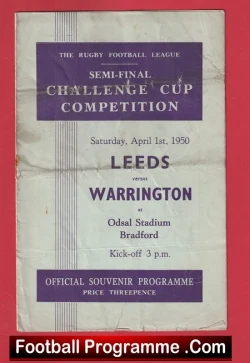 Leeds Rugby v Warrington 1950 - Cup Semi Final Odsal Bradford - rugby programme
