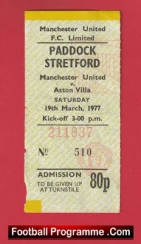 Manchester United v Aston Villa 1977 – Man Utd Football Ticket