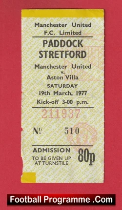 Manchester United v Aston Villa 1977 - Man Utd Football Ticket - football memorabilia