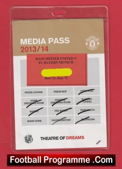 Manchester United v Bayern Munich 2014 - Media Pass Ticket - football memorabilia