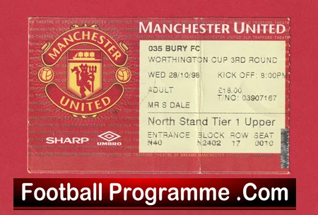 Manchester United v Bury 1998 - Treble Season Match Ticket - Image 2