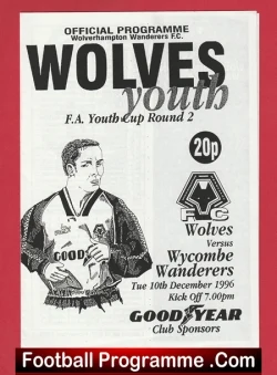 Wolves Wolverhampton v Wycombe Wanderers 1996 - Youth Cup - football programme