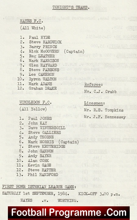 Hayes v Wimbledon 1984 - Pre Season Friendly - Image 3