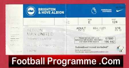 Brighton Hove Albion v Manchester United 2022 - Match Ticket - Image 2