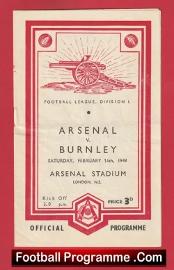 Arsenal v Burnley 1948 - 1940s Old Football Programmes - football programme