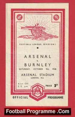 Arsenal v Burnley 1948 - 1940s Old Football Programmes - football programme