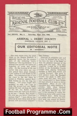 Arsenal v Derby County 1946 - 1940s Old Football Programmes - football programme