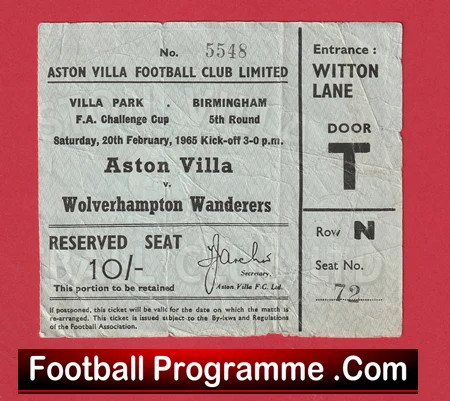 Aston Villa v Wolves 1965 - Semi Final Ticket - Image 2