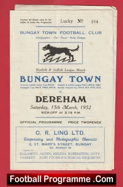 Bungay Town v Dereham 1952 - Norfolk Suffolk 1950s - football programme