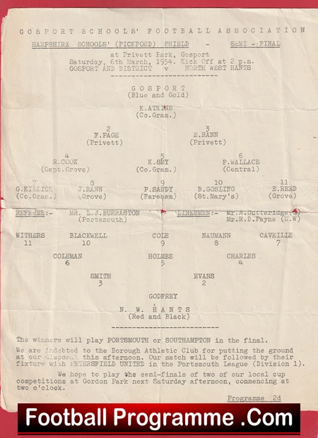 Hampshire v NW Hants 1954 - Gosport School Boys Semi Final Match - Image 2