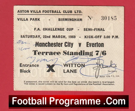 Manchester City v Everton 1969 - Semi Final Ticket Signed - Image 2