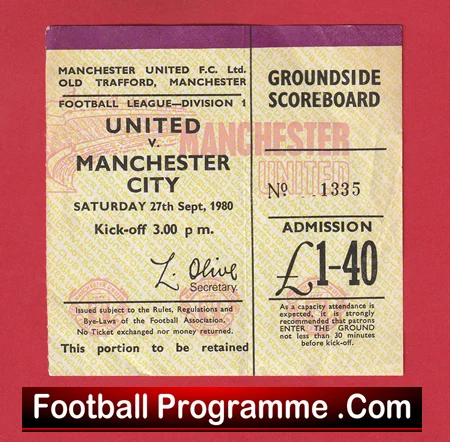 Manchester United v Manchester City 1980 - Football Ticket - Image 2
