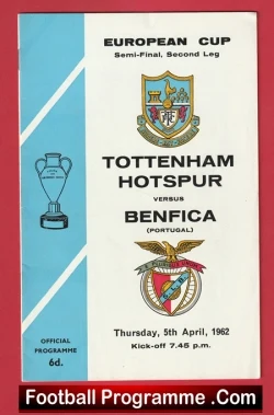 Tottenham Hotspur v Benfica 1962 - European Cup Semi Final - football programme