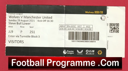 Wolves Wolverhampton v Manchester United 2021 - Match Day Ticket - Image 2