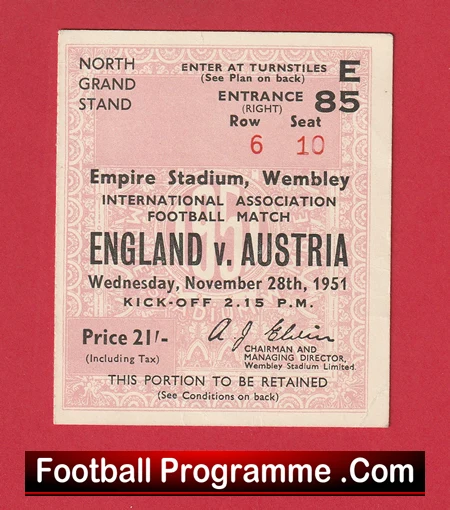 England v Austria 1951 - Match Ticket 1950s - Image 2