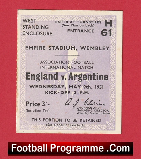 England v Argentina 1951 - Match Ticket 1950s - Image 2