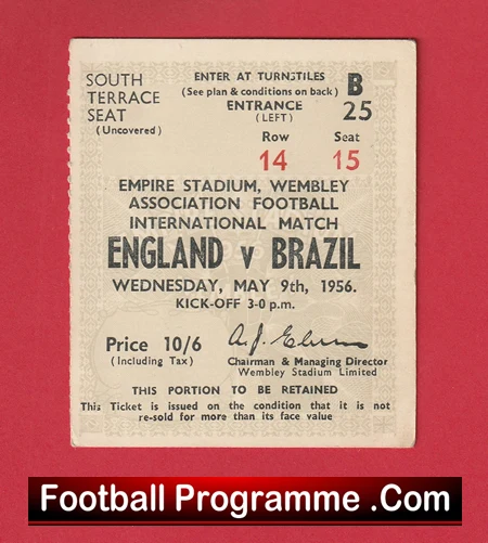 England v Brazil 1956 - Football Ticket - Image 2