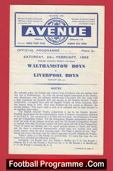 Walthamstow Avenue v Liverpool Boys 1962 - School Boys Football - Image 2
