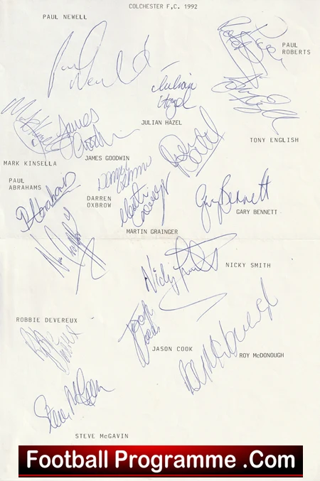 Colchester United Football Club Multi Autographed Signed Team 1992 - Image 2