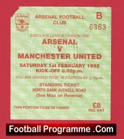 Arsenal v Manchester United 1992 - Football Match Ticket - football memorabilia