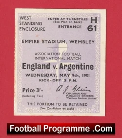 England v Argentina 1951 - Match Ticket 1950s - football memorabilia
