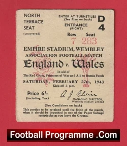 England v Wales 1943 - Football Ticket 1940s - football memorabilia