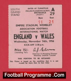 England v Wales 1956 - Match Ticket - football memorabilia