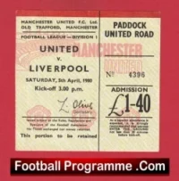 Manchester United v Liverpool 1980 – Man Utd Ticket 1980s