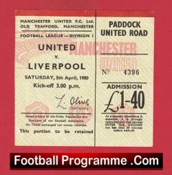 Manchester United v Liverpool 1980 - Man Utd Ticket 1980s - football memorabilia