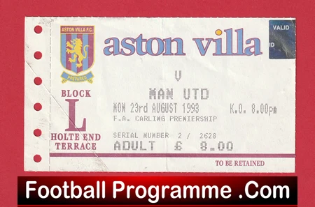 Aston Villa v Manchester United 1993 - Football Ticket - Image 2
