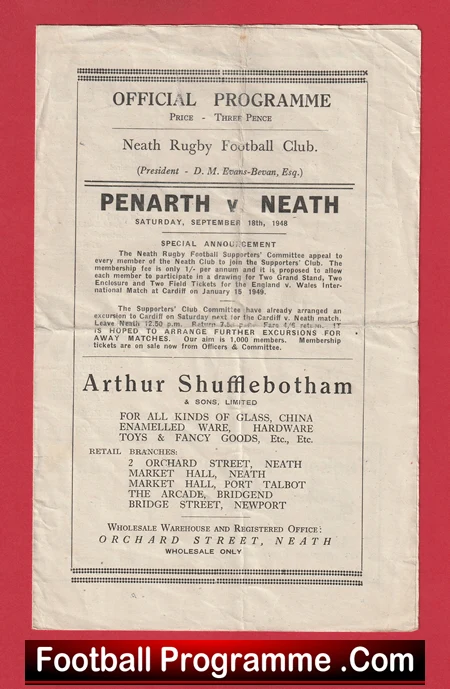 Penarth Rugby v Neath 1946 - 1940's Old Rugby Programme - Image 2